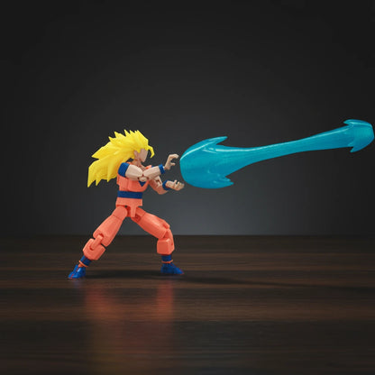 Toy figure of a character with spiky hair and orange outfit, holding a blue weapon on a metallic background