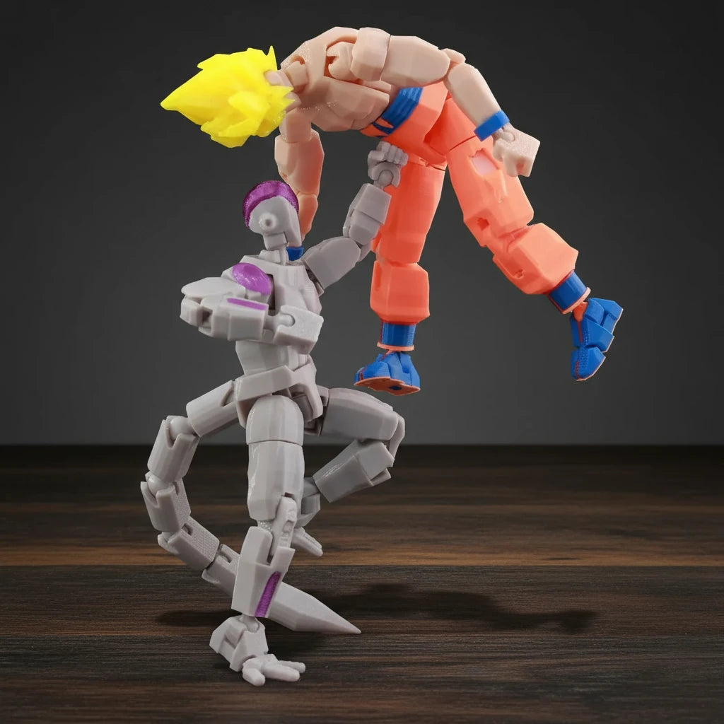 Two action figures, one robot and one humanoid, on a textured gray surface.
