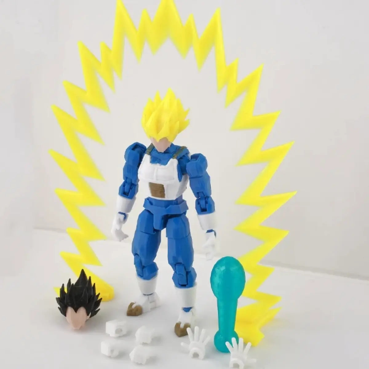 Action figure with blue and white outfit surrounded by yellow lightning bolts on a light gray background