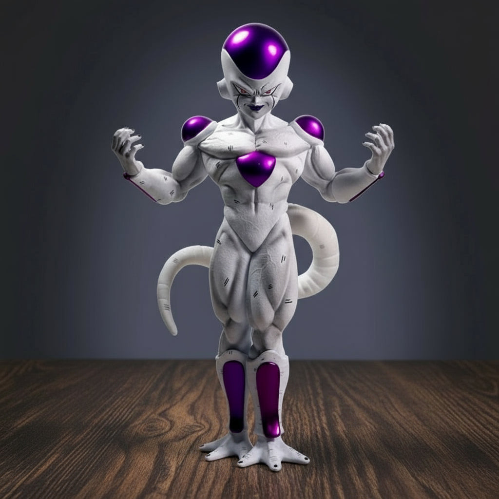 Super Saiyan Freeza figure on a wooden surface with a dark background