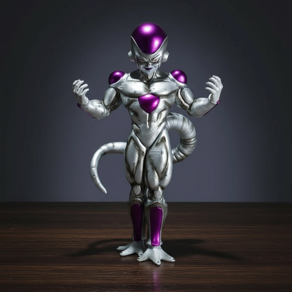 Silver and purple character figure with Bandai logo on a dark background