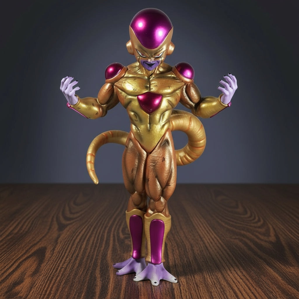 Gold and purple Dragon Ball Z figurine with Bandai logo on a dark background