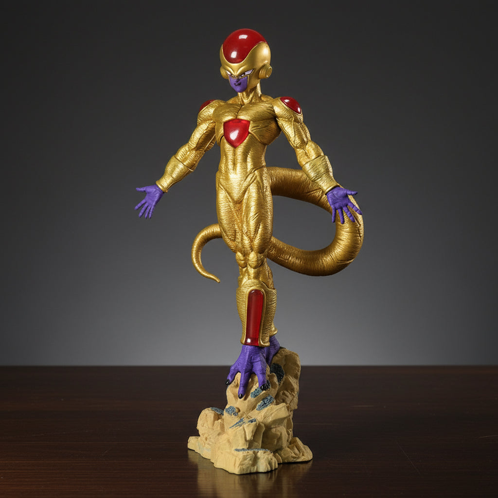 Gold and red monster-like figure on a white background