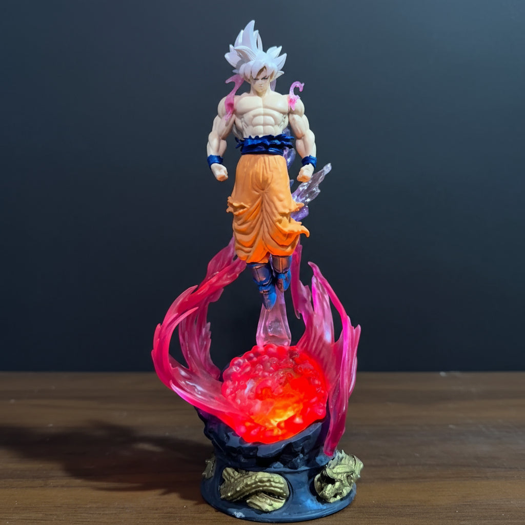 Action figure on a glowing platform against a plain background