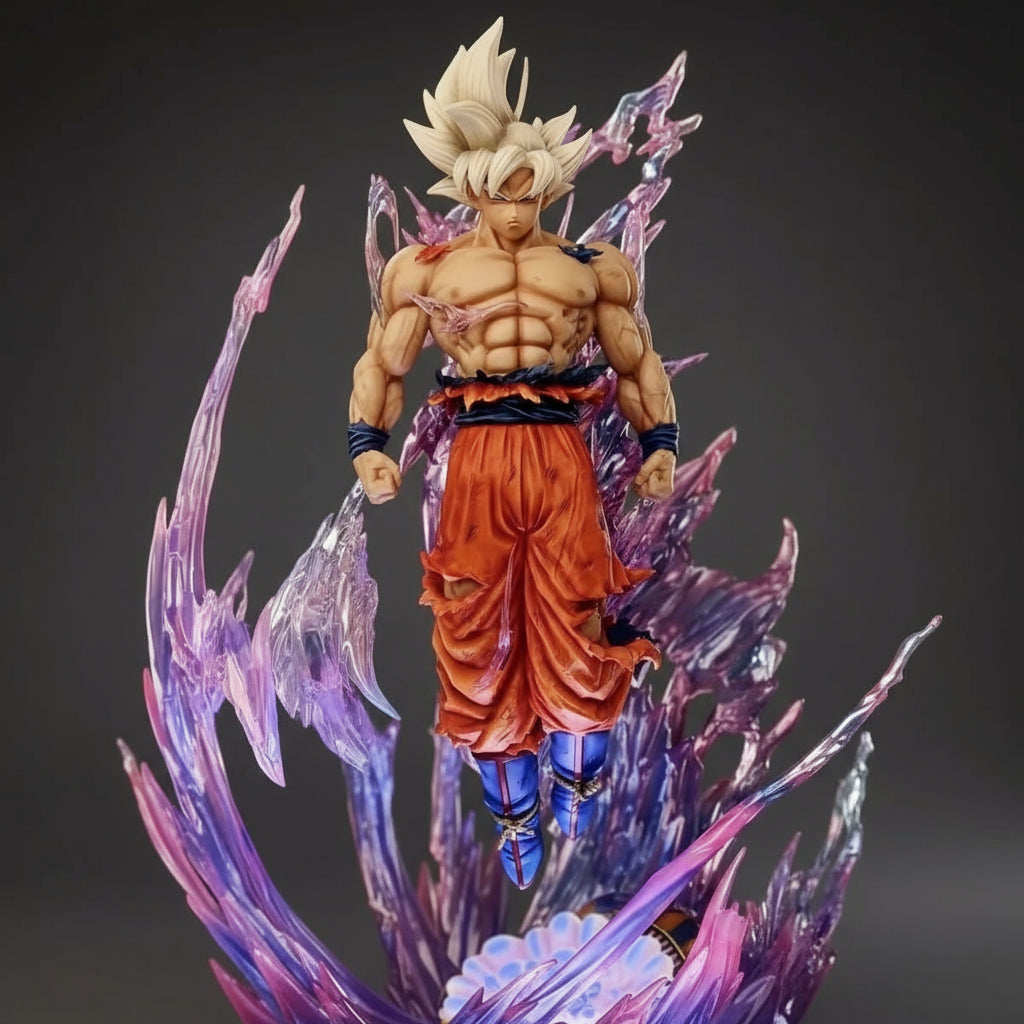 Super Saiyan character figurine with energy effects in a room setting