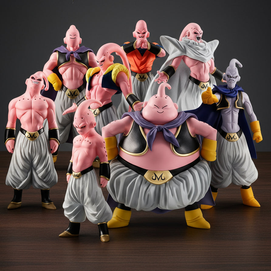 Collection of Dragon Ball Z figurines on a red background with Ban Dai logo.