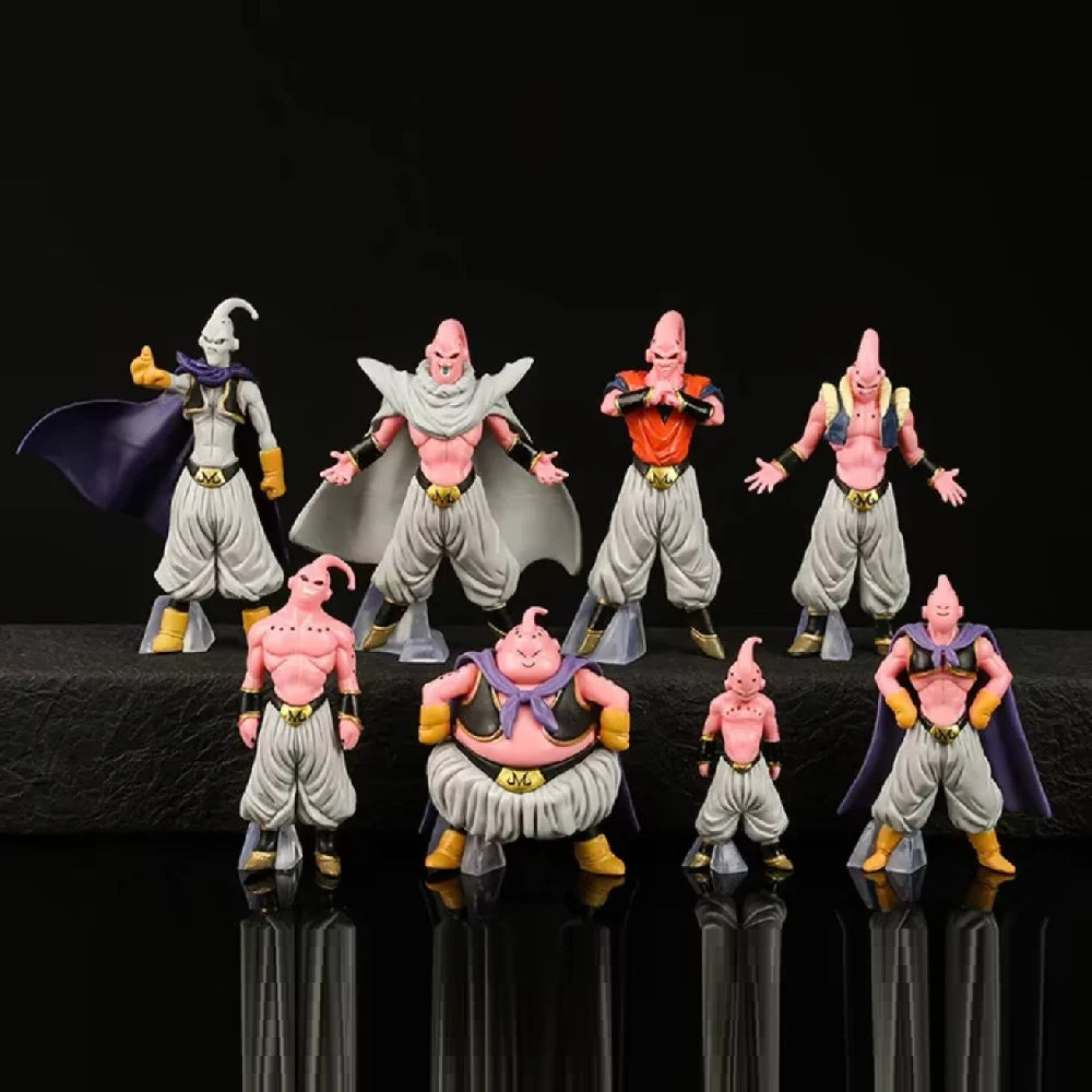 Set of eight action figures on a reflective black surface with a dark background