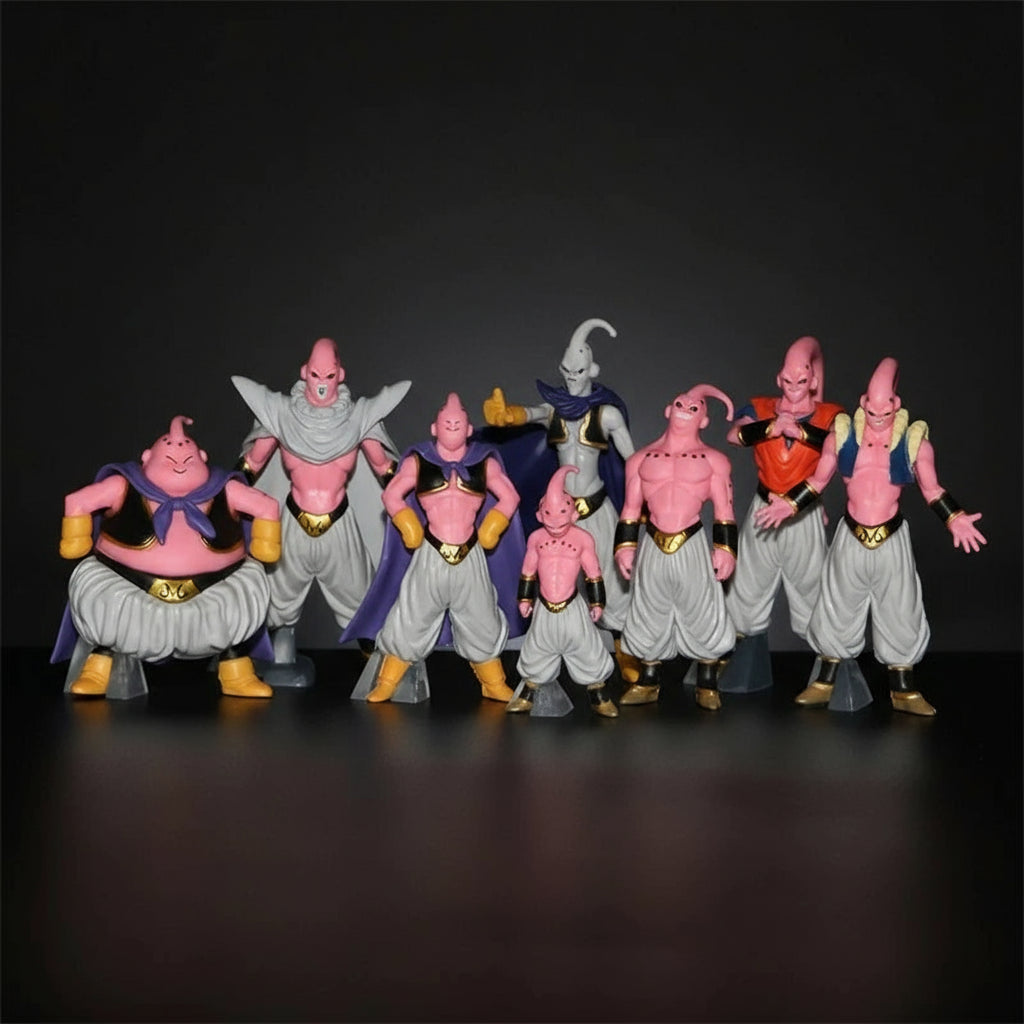 Set of seven pink-skinned, gray-robed figures with various poses on a dark background