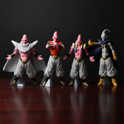 Four action figures of a character with pink skin and white clothing on a black background