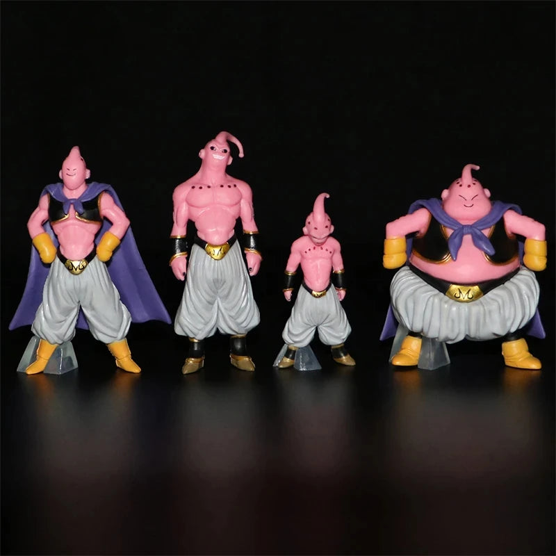 Four identical action figures of a character with pink skin, purple cape, and white outfit on a black background.