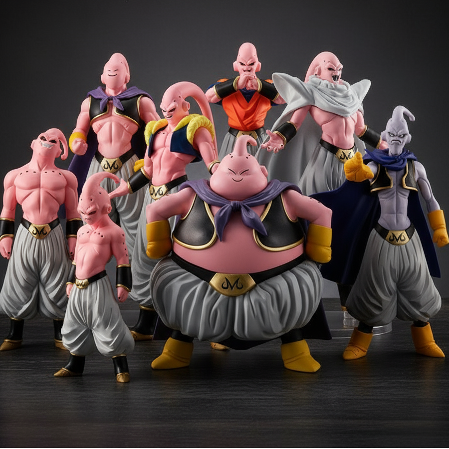 Collection of Dragon Ball Z Majin Buu action figures on a dark background