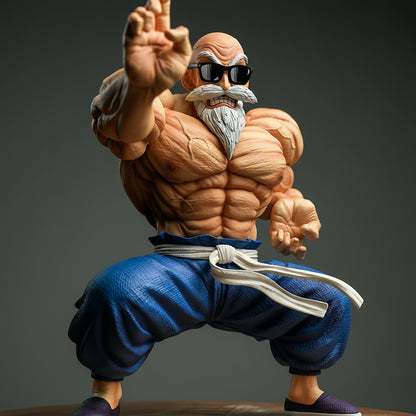 Muscular figure in blue pants and sunglasses with a blurred background