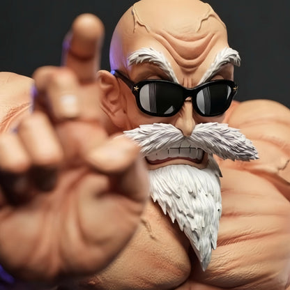 Muscular figure with sunglasses and a beard making a peace sign gesture.