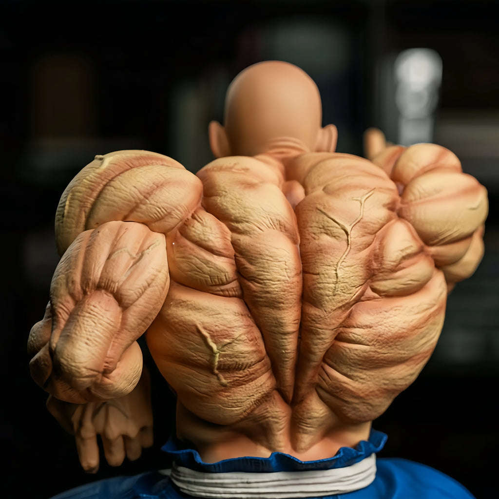 Toy figure with exaggeratedly muscular back and Jimmy Toys Store logo.