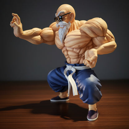 Muscular figure in blue pants and white belt on a dark background