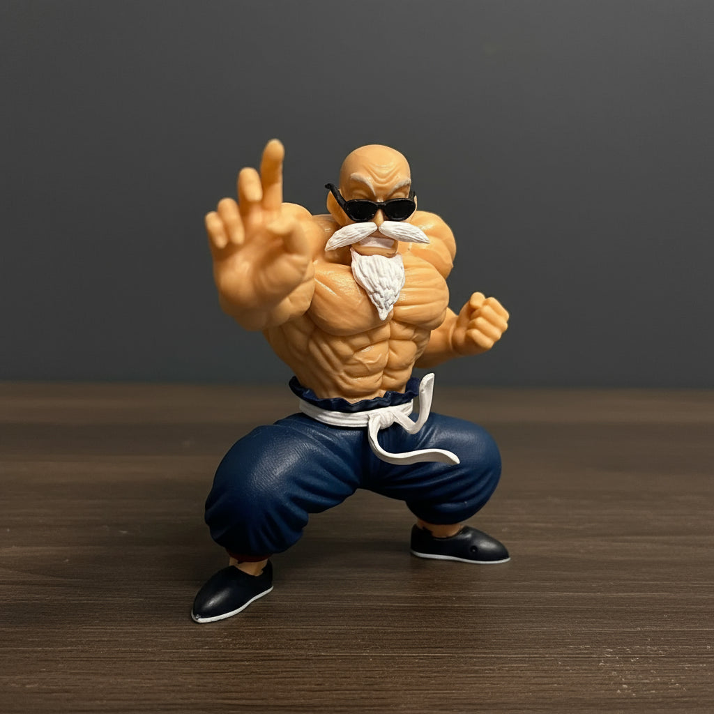 Muscular action figure with sunglasses and a white bandana on a light blue background