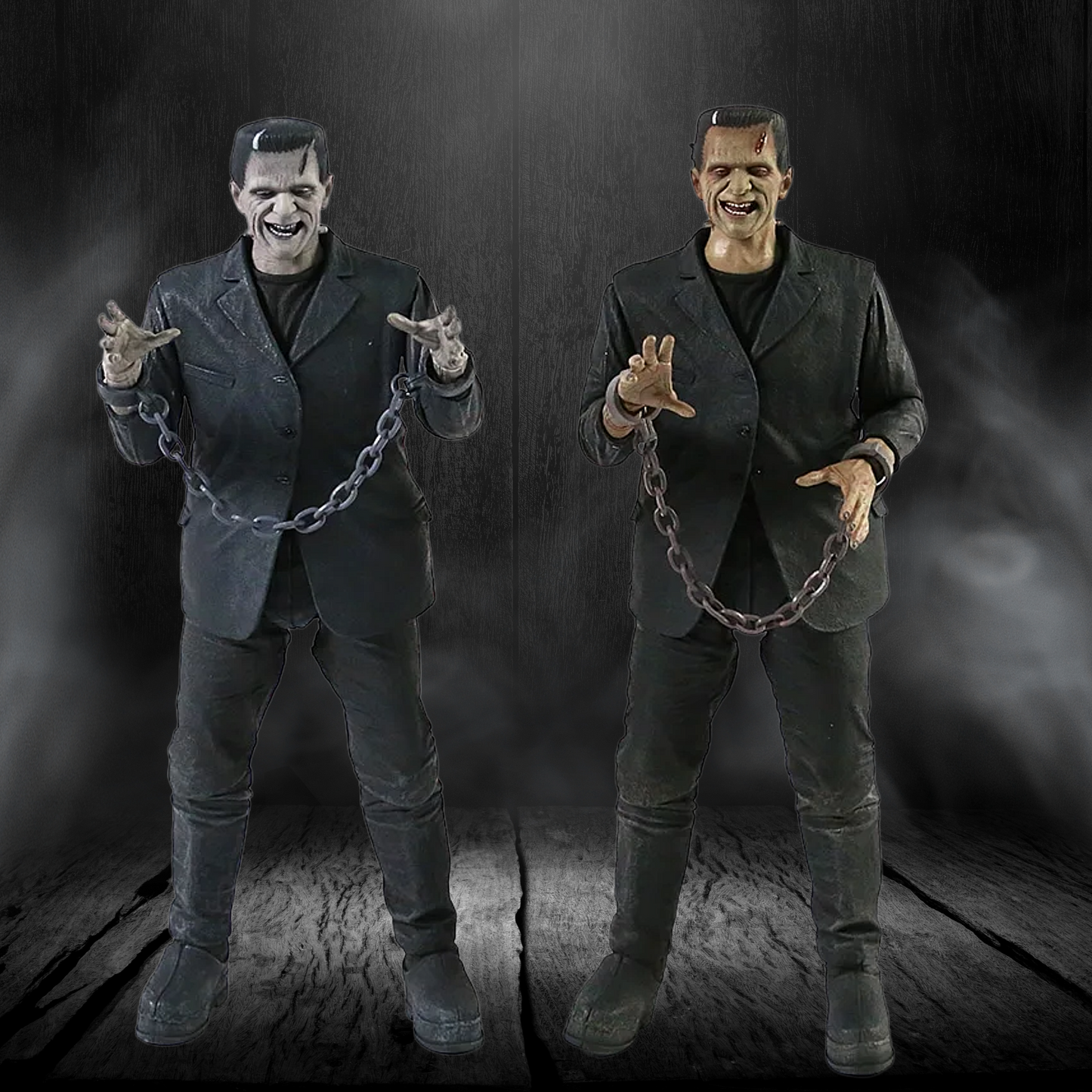 Two identical action figures of a character in a dark setting with chains.