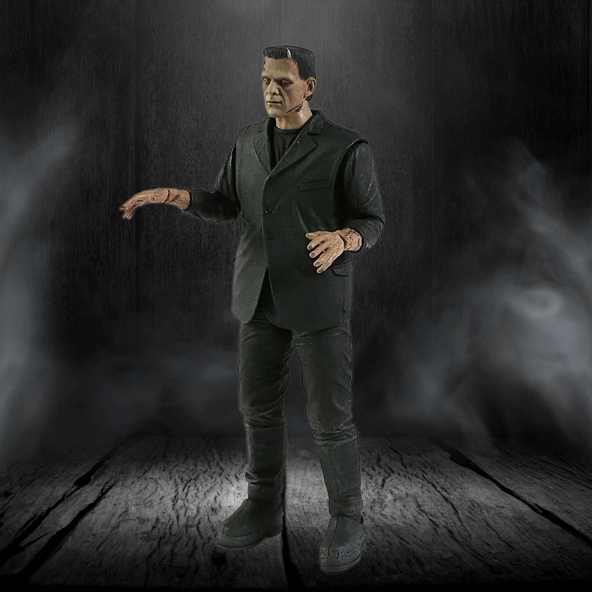 Mannequin in a dark suit standing in a smoky, dimly lit room.