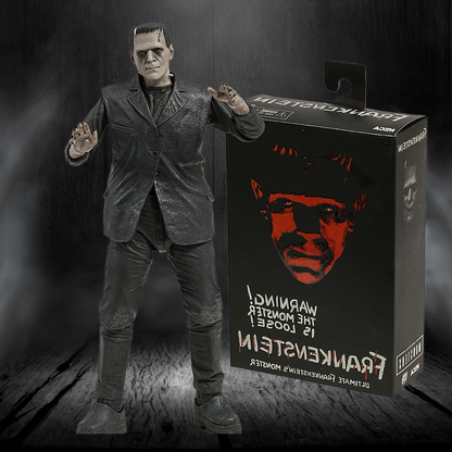 Action figure of Frankenstein with packaging in the background