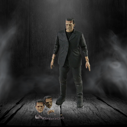 Frankenstein's monster figure with a chained head on a dark background