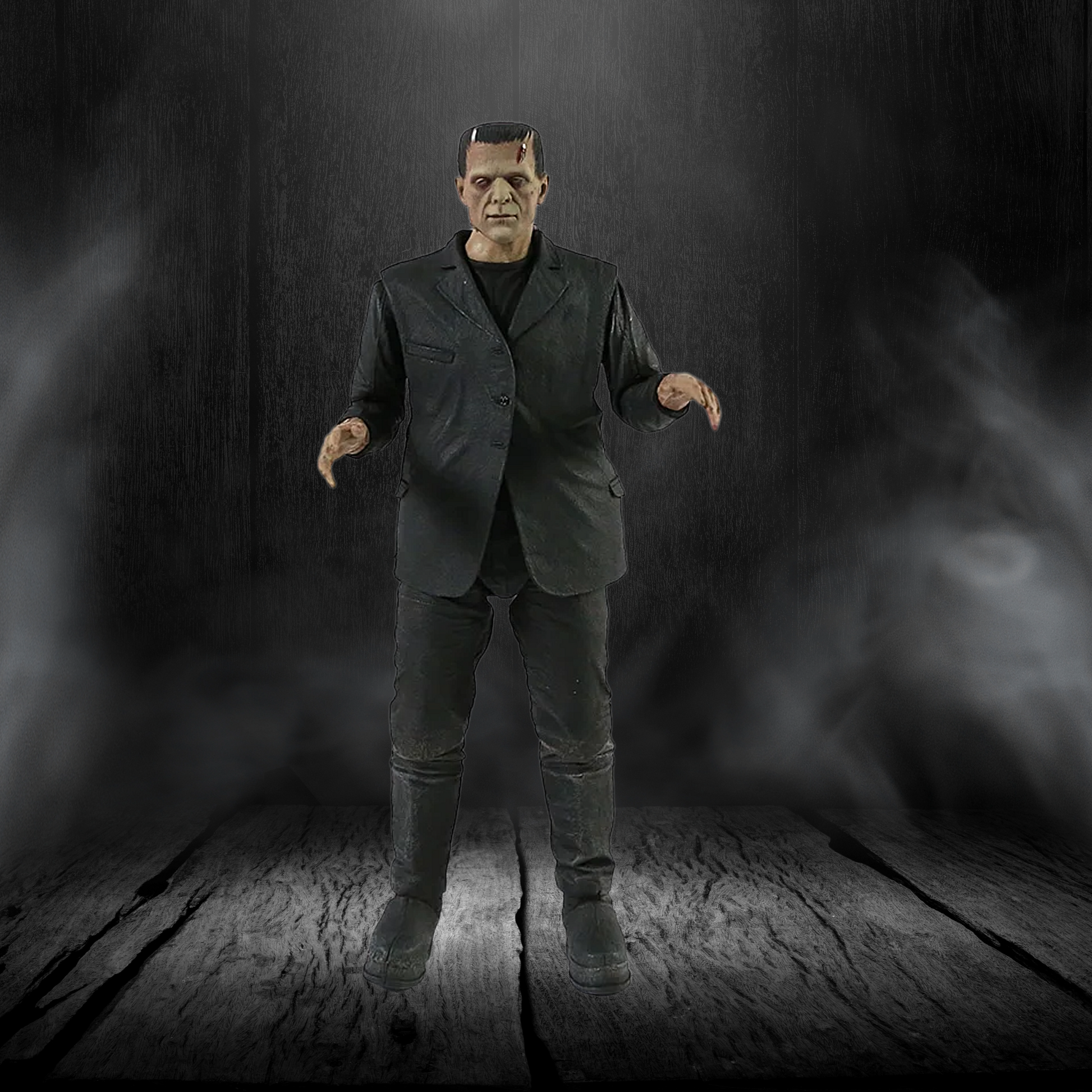 Frankenstein monster figure in a dark, smoky setting