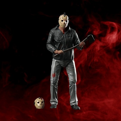 Figurine of a character holding an axe on a dark background with red smoke effect