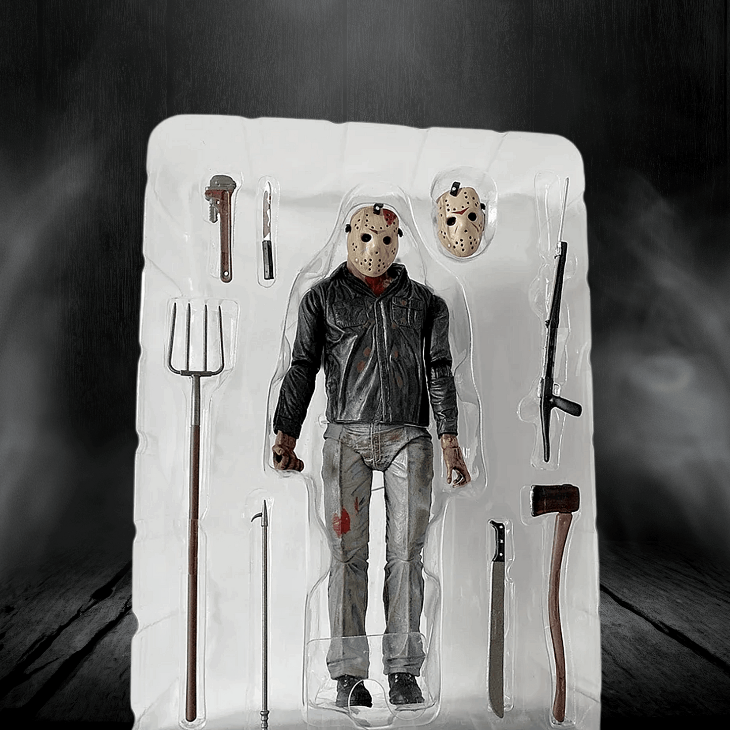 Action figure in a clear block of ice with accessories on a dark background