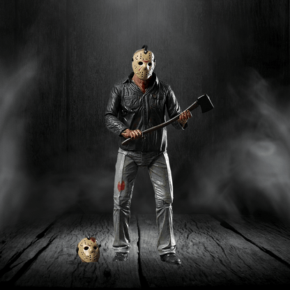 Person wearing a hockey mask and holding an axe in a dark, smoky setting