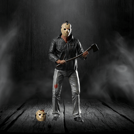 Person wearing a hockey mask and holding an axe in a dark, smoky setting