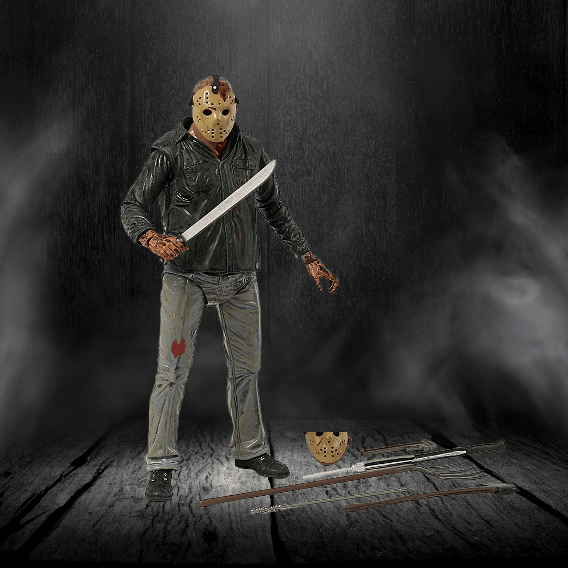 Action figure with a mask and knife on a dark background