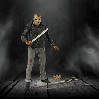 Action figure with a mask and knife on a dark background