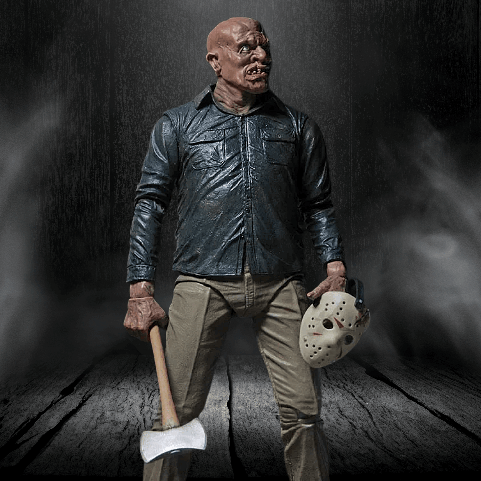 Horror character holding an axe and a helmet in a dark setting