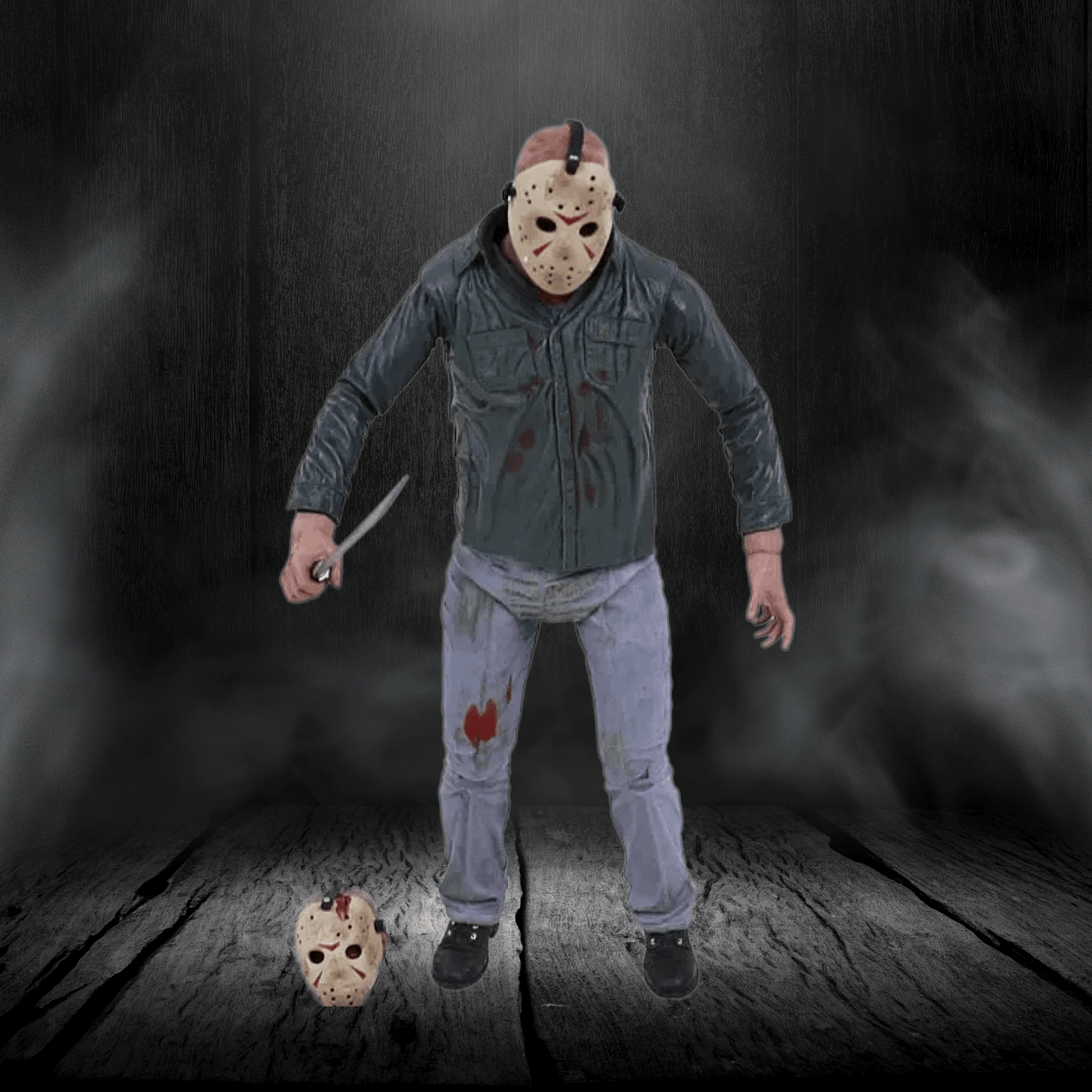 Person in a horror-themed costume with a mask and knife on a dark background