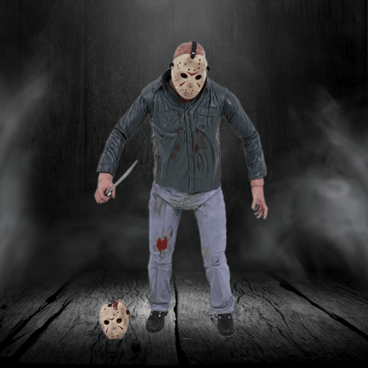 Person in a horror-themed costume with a mask and knife on a dark background