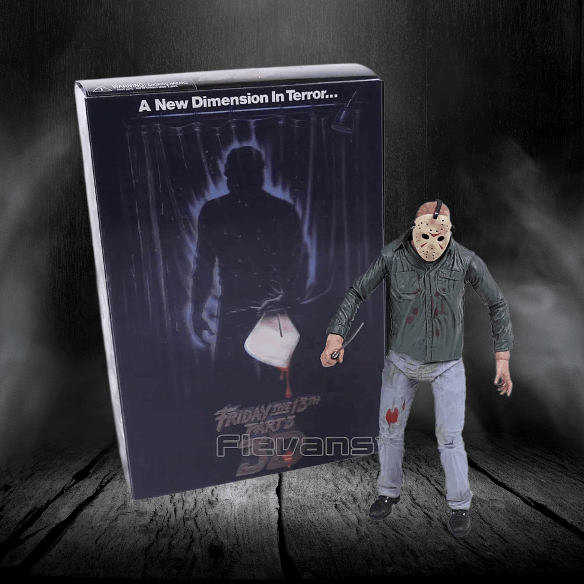 Action figure of a character from 'Friday the 13th' series next to its packaging on a dark background.