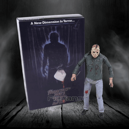 Action figure of a character from 'Friday the 13th' series next to its packaging on a dark background.