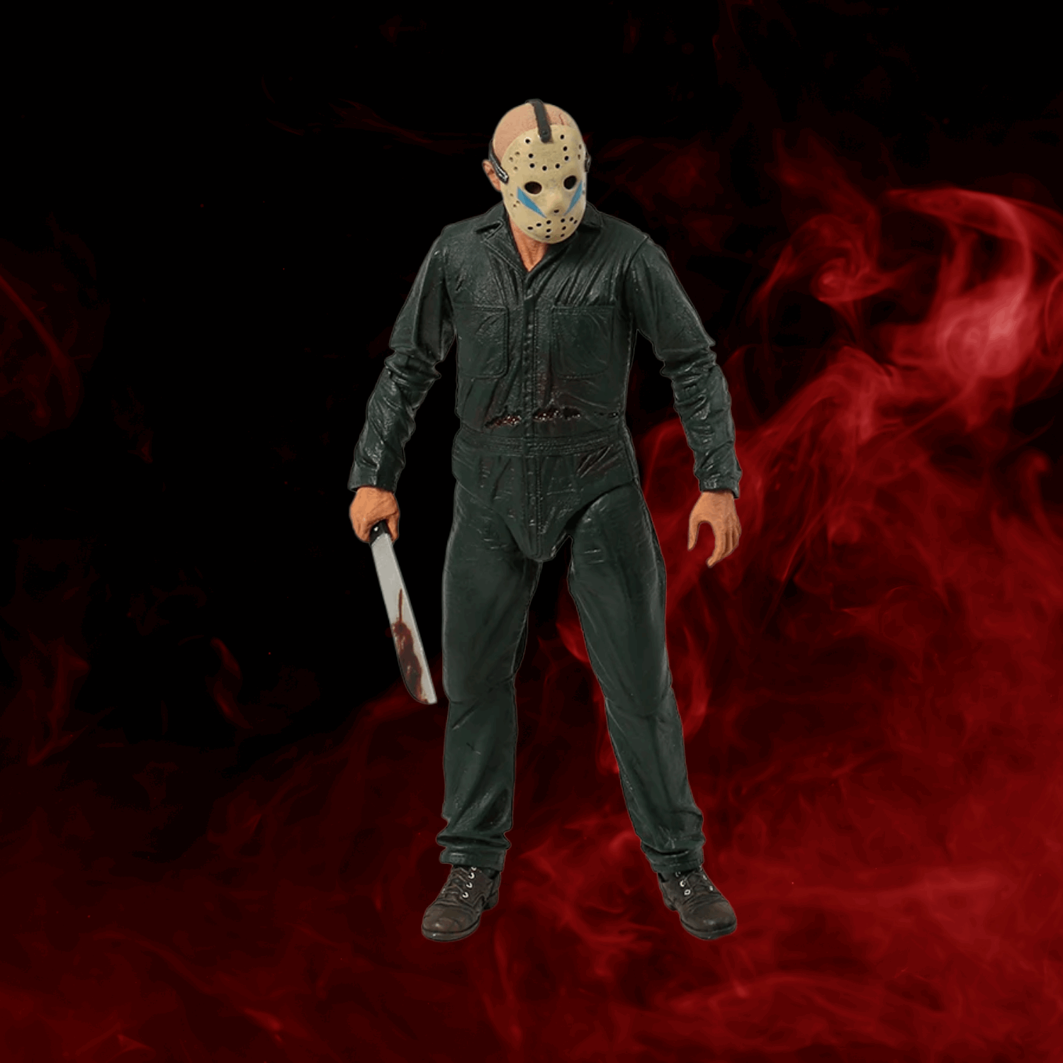 Action figure with a mask and knife on a dark background
