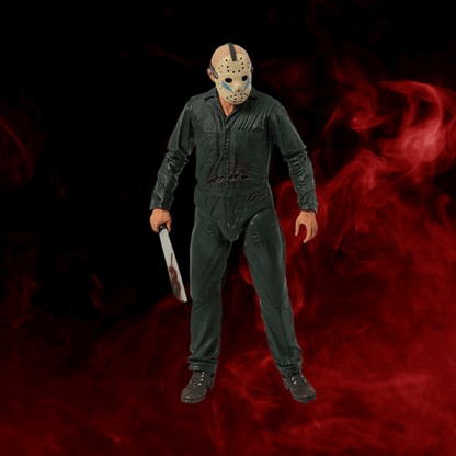 Action figure with a mask and knife on a dark background