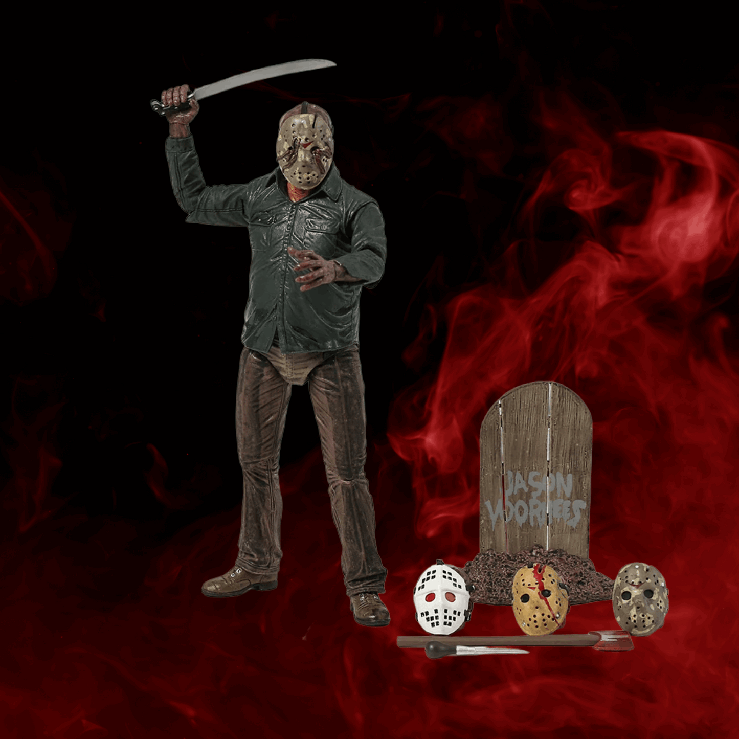 Person in a hockey mask holding a knife with a red smoke effect and a 'Jason Voorhees' tombstone in the foreground.