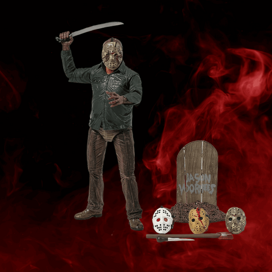 Person in a hockey mask holding a knife with a red smoke effect and a 'Jason Voorhees' tombstone in the foreground.