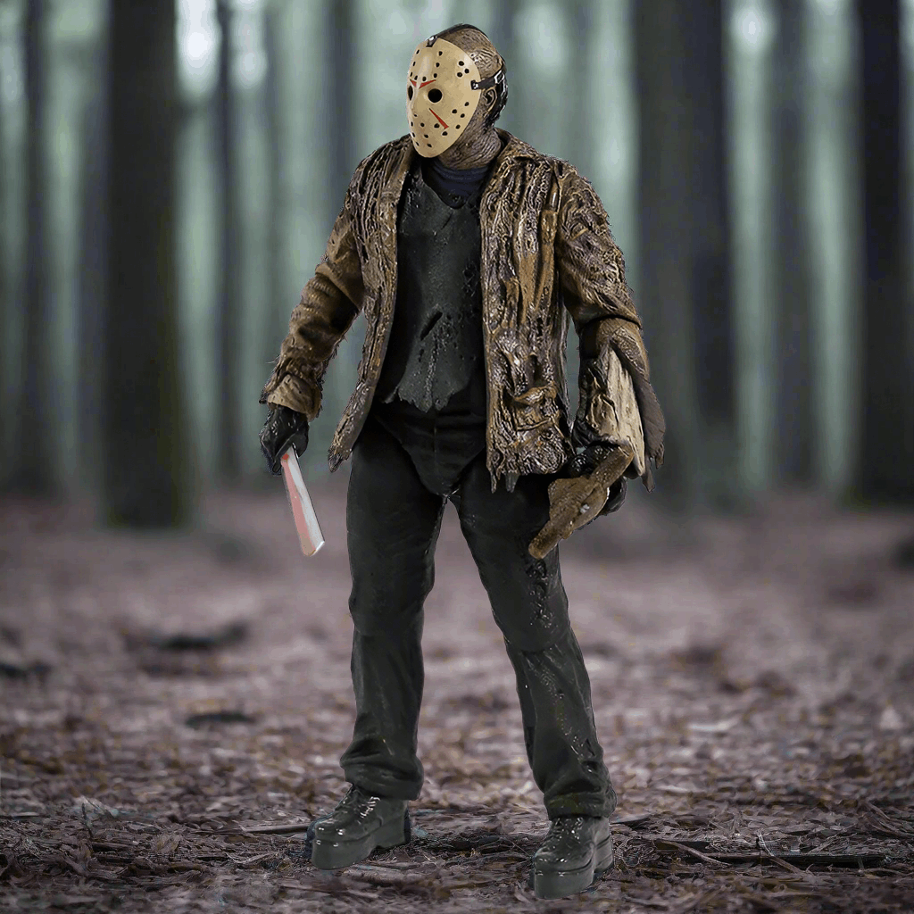Action figure in a forest setting holding a knife