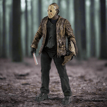 Action figure in a forest setting holding a knife
