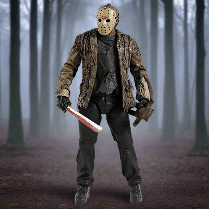 Action figure in a forest setting holding a knife and teddy bear