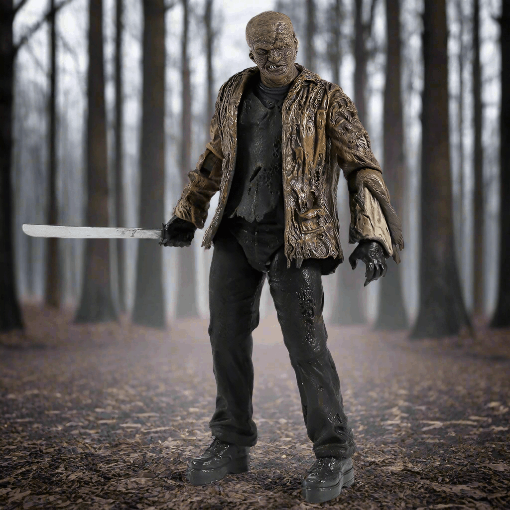 Action figure of a zombie in a forest setting
