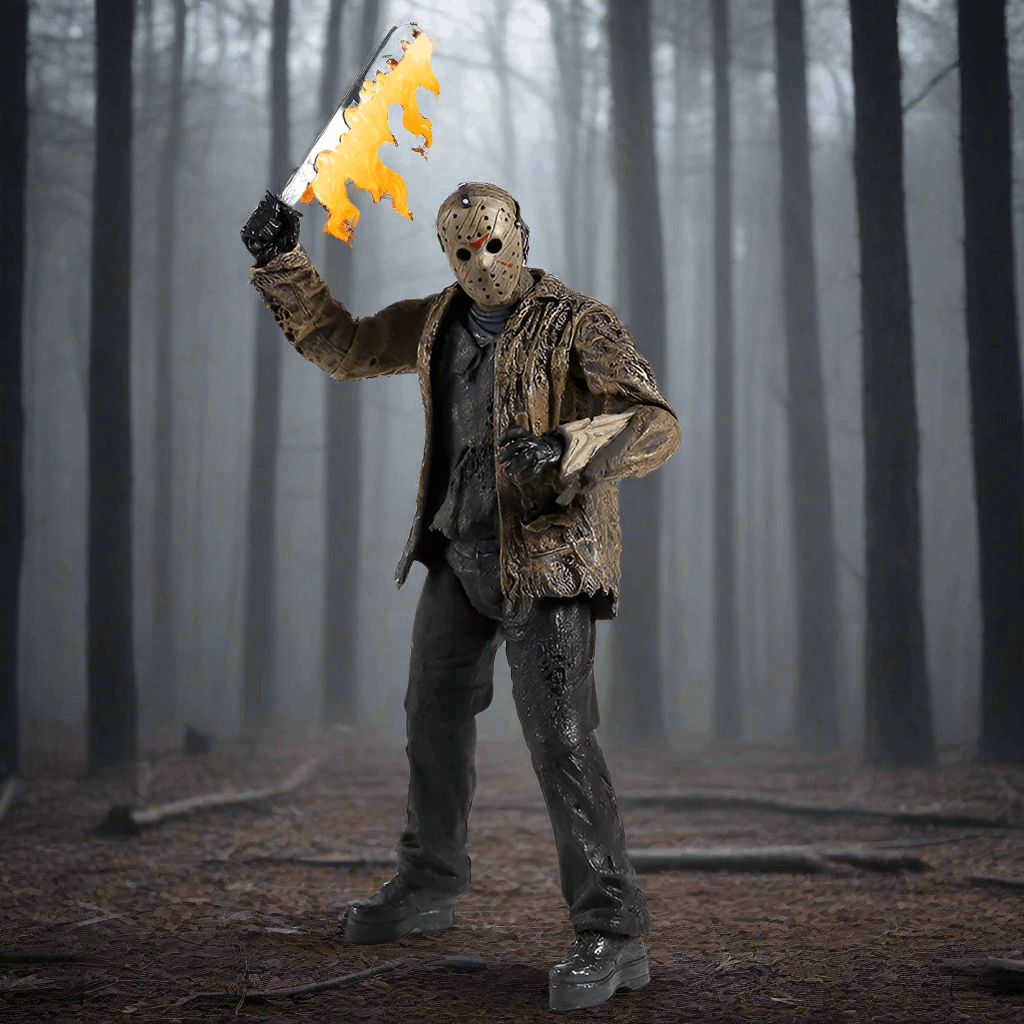 Person in a forest wearing a mask and holding a flaming tool