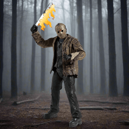 Person in a forest wearing a mask and holding a flaming tool