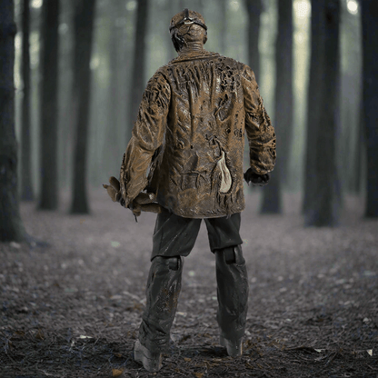 Person wearing a camouflage jacket and pants walking through a forest.