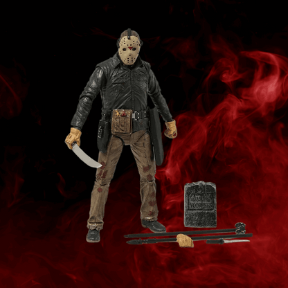 Action figure with a mask and knife on a dark background with red smoke effect