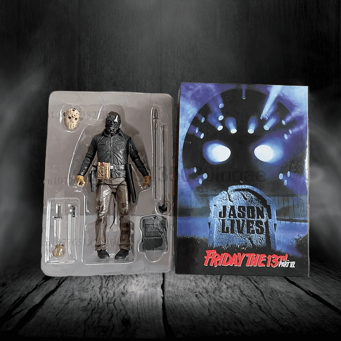 Action figure of Jason Voorhees from 'Friday the 13th' with packaging on a dark background