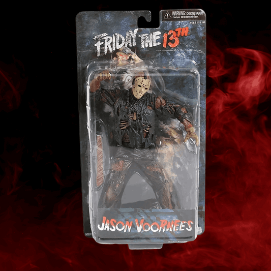 Action figure of Jason Voorhees from 'Friday the 13th' in packaging with a dark red background.